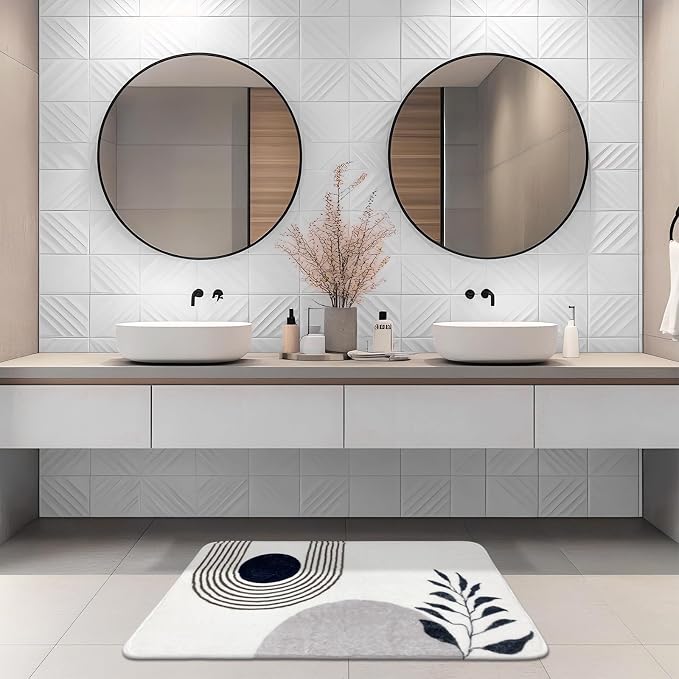 APROPHIC 17"X24" Boho Bath Rugs for Bathroom Decor Non-Slip Bath Mat Absorbent Plush Microfiber Soft Carpet Machine Washable Bath Mat for Bathrooms,Showers,Laundry Rooms,White and Black
