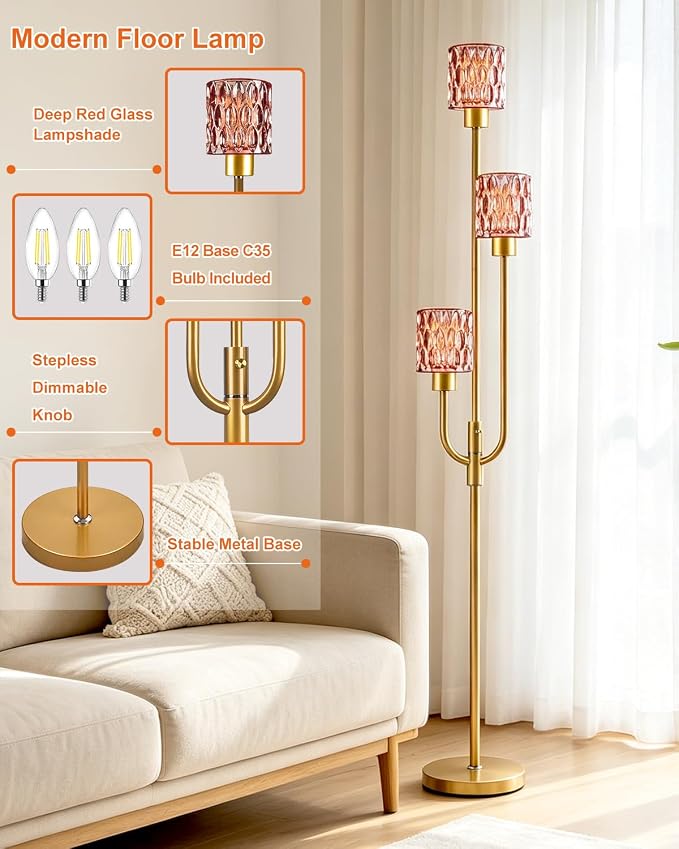 66IN Glass Floor Lamp 3-Lights Modern Gold Dimmable Floor Lamps with 3000K Warm White Bulbs for Wedding Party Modern Tall Standing Lamp with Deep Red Glass Shade for Living Room/Bedroom/Home Decor