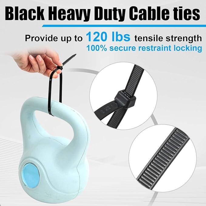 Reallnaive 500 Pcs 12 Inch Zip Ties Heavy Duty 120 Lbs Tensile Strength Black Nylon Wire Cable Ties Bulk for Indoor Outdoor
