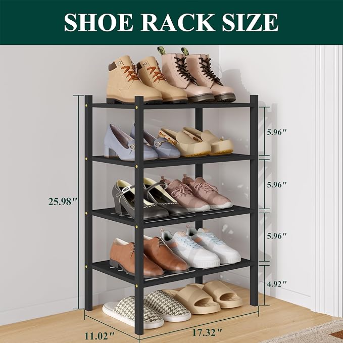 Smiry Small Bamboo Shoe Rack 4-Tier, Stackable Wooden Shoe Organizer for Entryway & Closet, Free Standing Wood Shoe Storage Shelf for Front Door & Small Spaces, Black