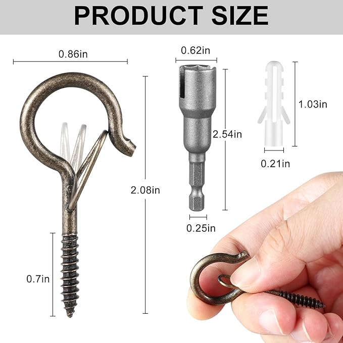 100 Pcs Screw-in Hooks for Outdoor String Lights, Q Hangers Hooks for Outside, Swivel Hanging Basket Patio Hook with Safe Buckle, Screw in Plant Eye Hook for Wall Ceiling with 1 Wing Nut Driver,Copper