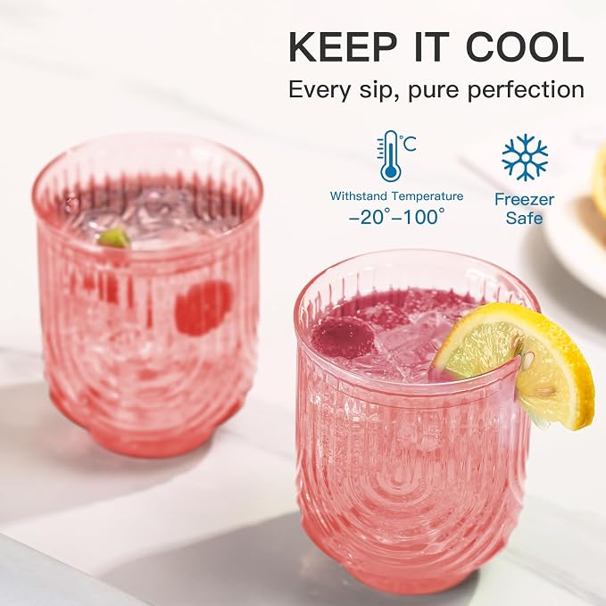 JOVGANK Pink Vintage Drinking Glasses Set of 6-14Oz Pink Glass Drinking Glasses, Art Deco Ripple Highball Glass, Whiskey Cocktail Glasses, for Bar Coffee Juice, Housewarming and Mother's Day Gift