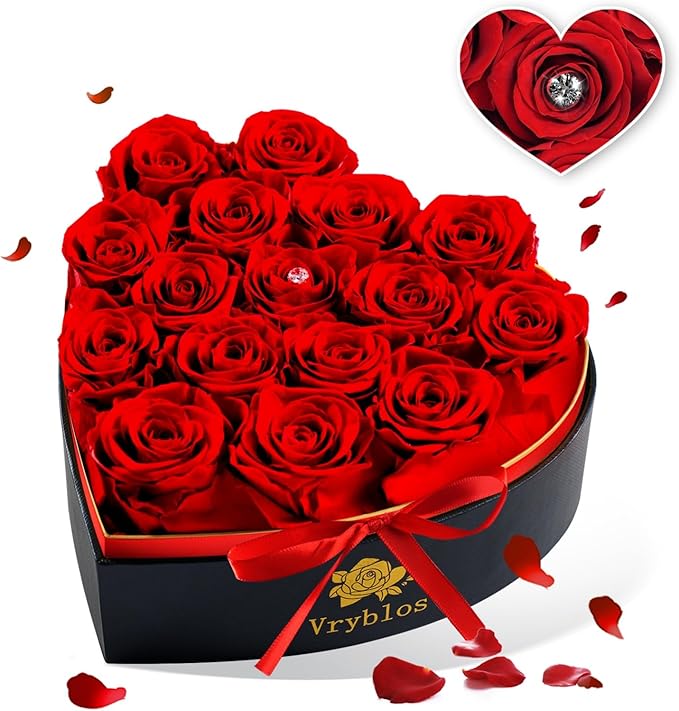Forever Red Roses in a Heart Shaped Box 16 Preserved Flowers for Delivery 100% Real Quality Immortal Flower Eternal Birthday Graduation Gifts Home Deco for Her Mom Women Wife Girlfriend (Heart-Red)