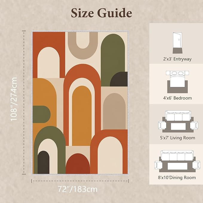 Mid Century Arch Area Rug 6x9, Terracotta Geometric Abstract Rug, Retro Modern Color Block Washable Low Pile Non Slip Rug for Living Room Bedroom
