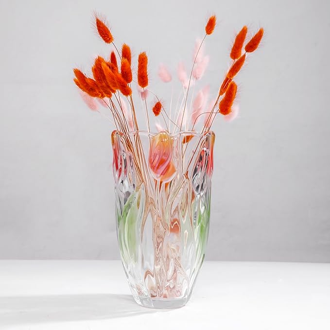 Glass Flowers Vase 9.3 inch Tall, Unique Crystal Vases for Tables Centerpieces, Vintage and Tulip Shape Large Vases Christmas Thanksgiving Gifts. (Green)