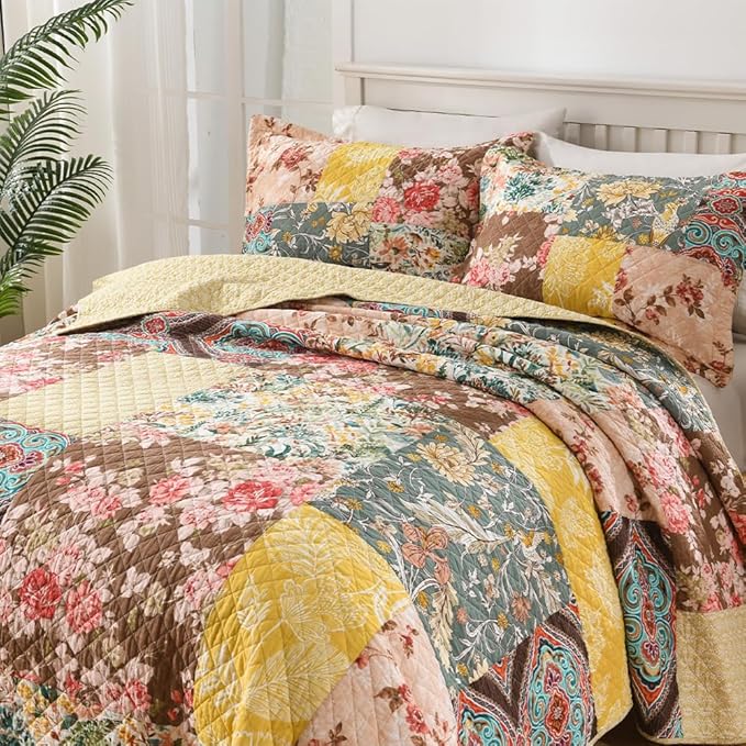 ENASAL Cotton Bedspread Quilt Sets Reversible Bedding Coverlet Sets Luxury Vintage Rustic Gorgeous Paisley Floral Yellow Real Patchwork Bedspread, Queen Size