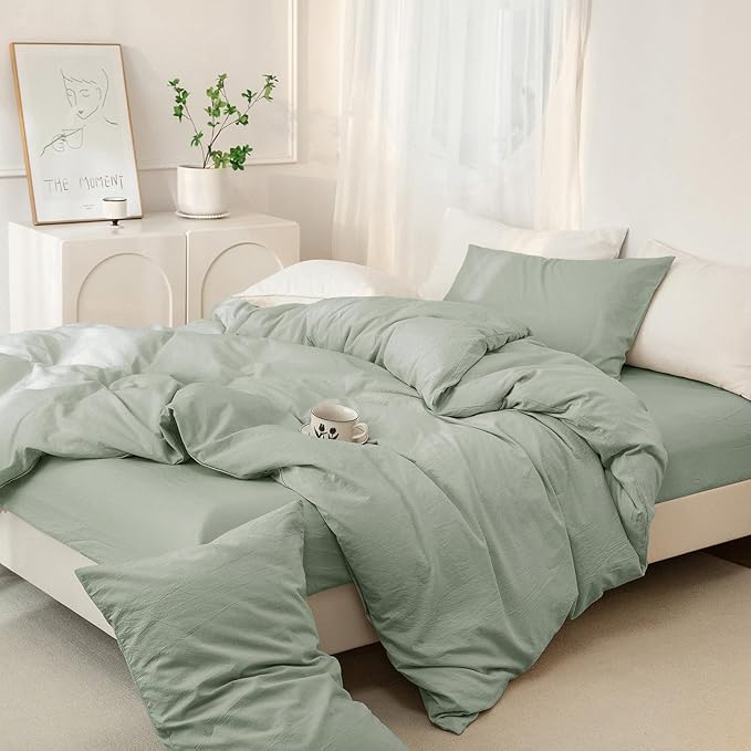 JIYUAN 100% Washed Cotton Duvet Cover Set 2 Pieces Twin, 1 Duvet Cover 68x90 Inches(Comforter Not Included) and 1 Pillowcases,Linen Feel Bedding Set Comfy and Breathable, Heathered Sage Green
