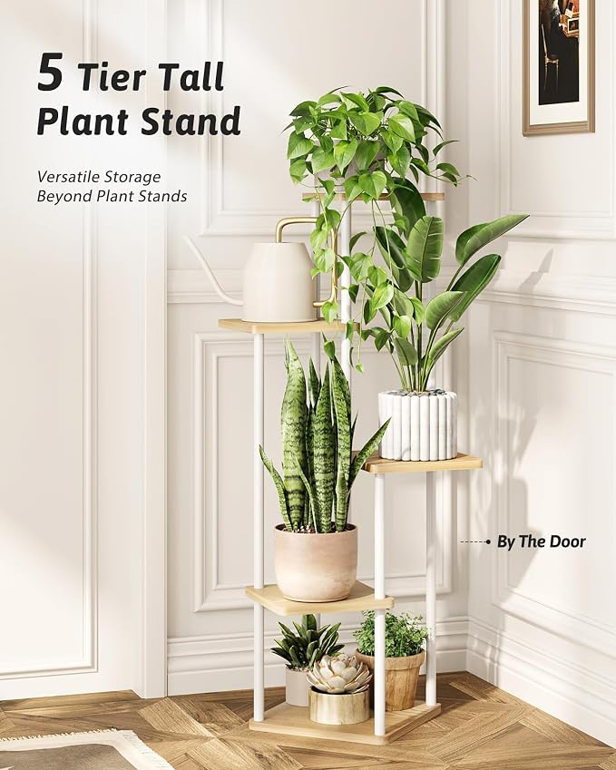 GENTINGBRO Tall Plant Stand Indoor 5 Tiered Plant Shelf for Multiple Plants Coner Shelf Stand Wood Plant Stand Metal Shelving for Living Room Bedroom Balcony Patio White