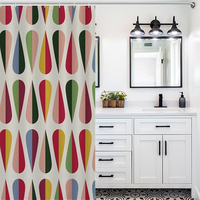 Mid Century Modern Shower Curtain,Retro Geometric Drop Shapes Art Style Shower Curtains Set for Bathroom Fabric Decorative Bath Curtain Washable Curtain Hooks, 72x72 inch
