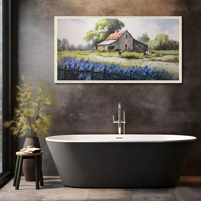 Ardemy Farmhouse Canvas Wall Art Large Framed Vintage Farm Cow Pictures Wall Decor Living Room Village Nature Painting Artwork Wall Art Bedroom Dining Room Home Office, 40"x20"