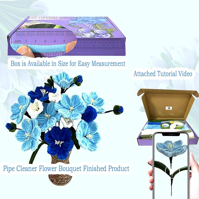 Pipe Cleaners Flower Craft Kit,Chenille Stems Craft DIY Bouquet Making Set with Floral Wires, Gardening Tape, Stamens & Ribbon for Home Decor-Holiday Decorations,Gifts - 400 Pcs (Blue)