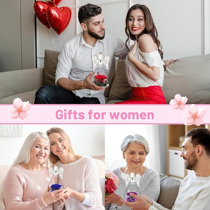 Yamonic Mom Birthday Gifts for Women, Preserved Roses Forever Flower in Glass Angel Figurines Gifts for Moms Grandma, Real Fresh Flowers Christmas Mothers Day Anniversary Valentines Gifts for Her(Red)