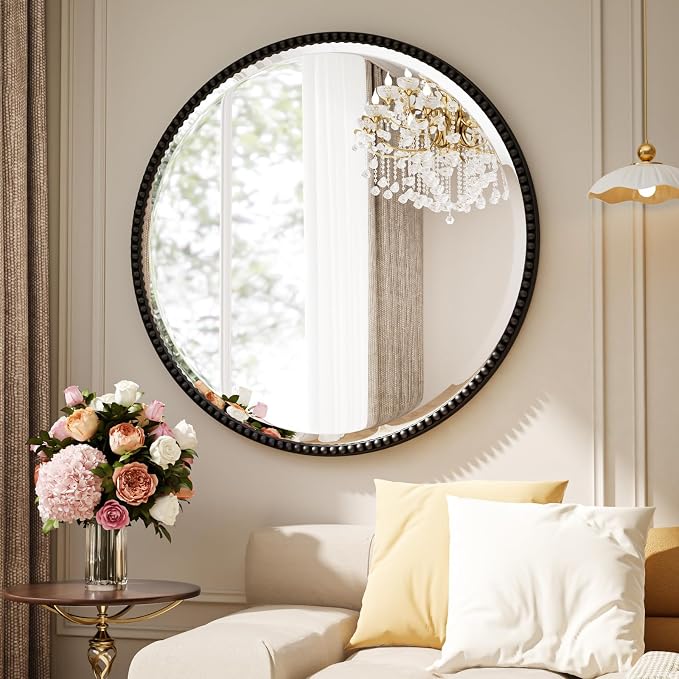 24 Inch Round Bathroom Mirror - Luxurious Retro Beaded Circle Decorative Wall Mirror with PU Frame Hanging Leaning as Art Decor for Entryway, Bedroom, Living Room, Hallway, Black