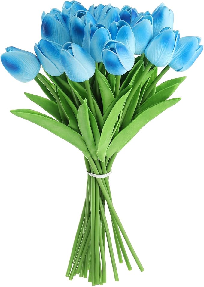 uxcell 20pcs Tulips Artificial Flowers, Faux Flowers Silk Fake Tulip Stems Real Touch for Wedding Bouquet Centerpiece Table Party Decoration(Gradient Blue)