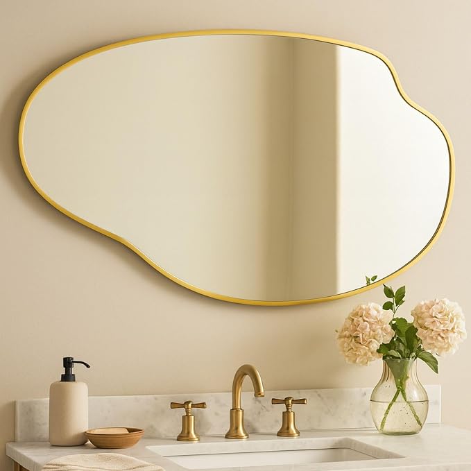 TOMACE Brushed Gold Asymmetrical Irregular Wall Mirror,22''x 34'' Unique Brass Frame Wall Mounted Mirror for Bathroom,Entryway,Nursery