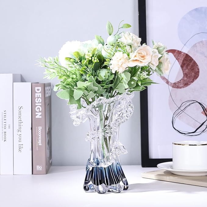 8.1" H Blue Ocean Wave Vase, Blown Glass Vase, Unique Modern Art Beautiful Hand Blown Coastal Centerpieces for Living Room, Bedroom, Office Desktop, Coffee Table, and Wedding Decorative (S)