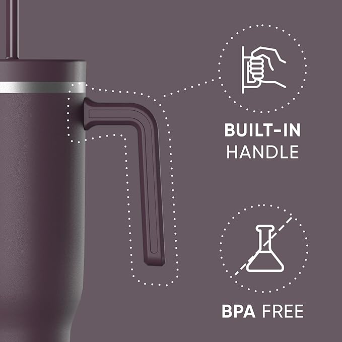 Hydrapeak Voyager 40 Oz Stainless Steel Tumbler with Handle, Insulated Water Bottle With Straw & Lid, Cupholder Friendly Reusable Travel Mug (Midnight Plum)