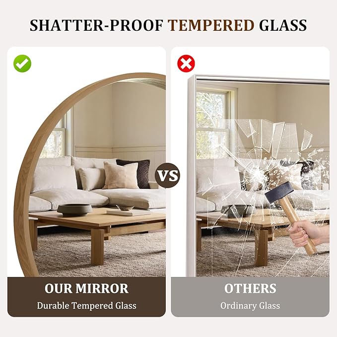 WallBeyond 36 Inch Natural Round Wood Mirror, Large Circle Wooden Frame Wall Mirror for Bathroom, Living Room, Bedroom, Entryway