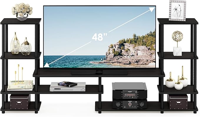 Furinno TURN-N-TUBE TV Stand, Wide Open Frame Entertainment Center with Open Shelves Storage, TV Console with Tall Side Shelves for TV up to 48 Inch, for Living Room, Bedroom, Espresso
