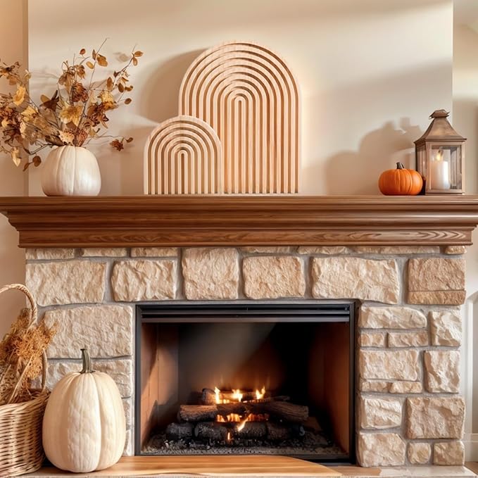 2 Pcs Natural Wood Arch Decor, Boho Shelf & Serving Board for Fireplace Mantel, Kitchen Counter - Light Pine Finish, Scandinavian & Japandi Style Aesthetic Accents for Living Room, Home Office