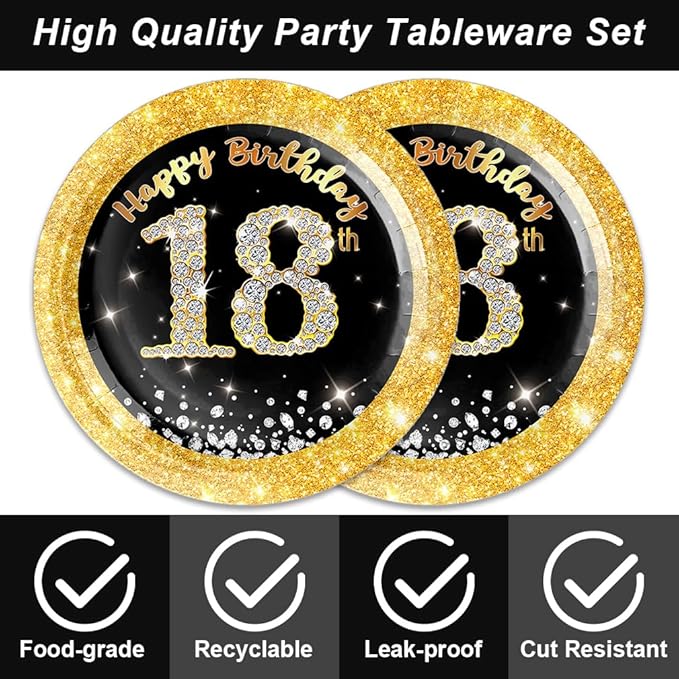 40Pcs 18th Birthday Decorations for Boys Girls Black and Gold Party Decorations for Birthdays Decor Happy Birthday Plates and Napkins Set Party Supplies for Men Women