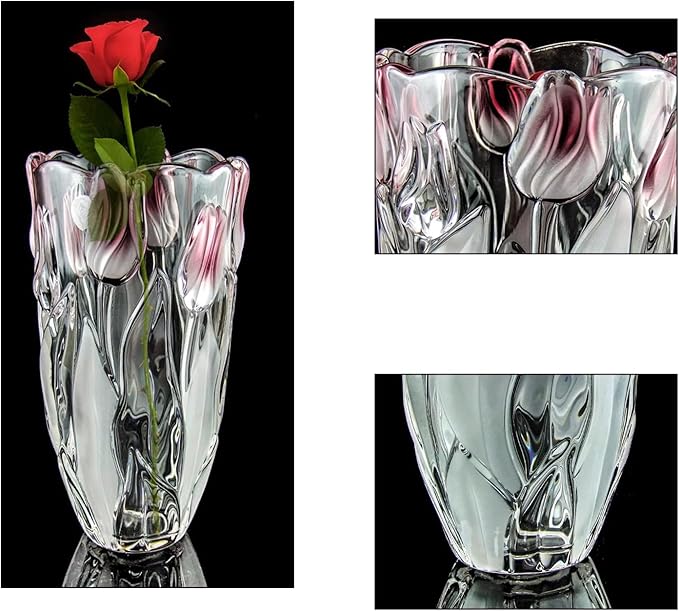 Glass Flowers Vase 9.3 inch Tall, Unique Crystal Vases for Tables Centerpieces, Vintage and Tulip Shape Large Vases Christmas Thanksgiving Gifts.