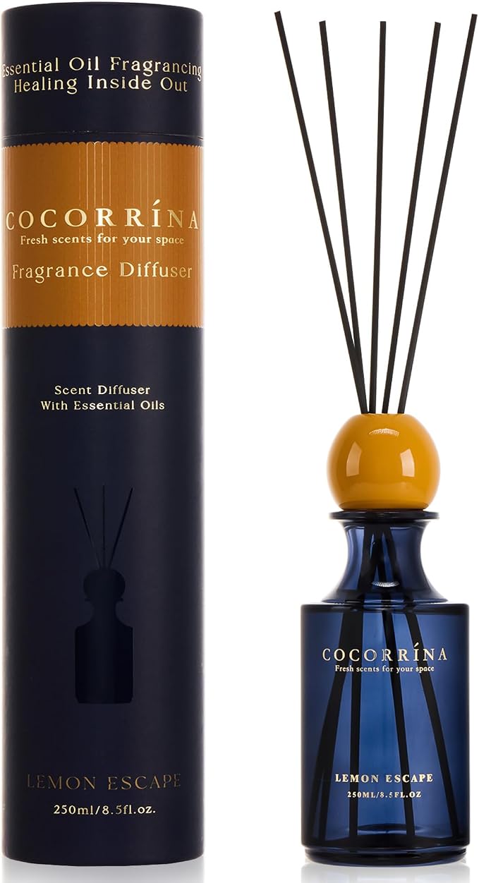 COCORRÍNA Lemon Escape Reed Diffuser 8.5 oz, Home Fragrance Oil Diffuser with 6 Reed Sticks, Long-Lasting Scent for Bathroom, Bedroom & Home Décor