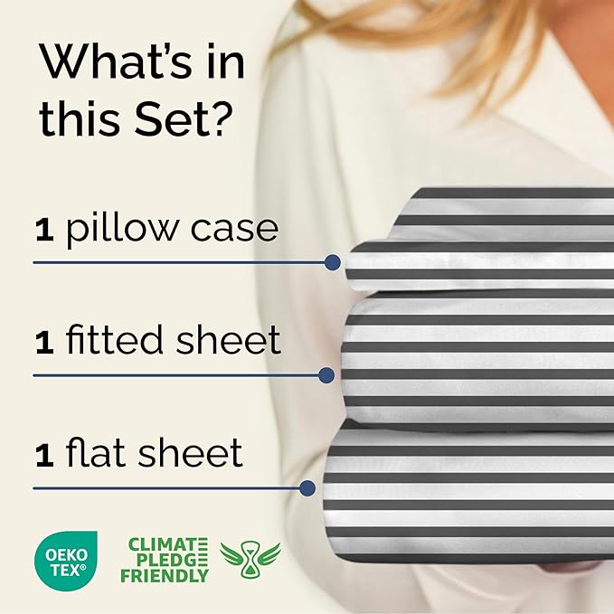 Striped Sheets - Grey Striped Sheets - 1 Flat & 1 Fitted & 1 Pillowcase w/ Deep Pockets – Wrinkle & Fade Resistant - Ultra-Soft, Breathable and Cooling – Luxury Pinstripe Bedding - Twin Size Bed Set