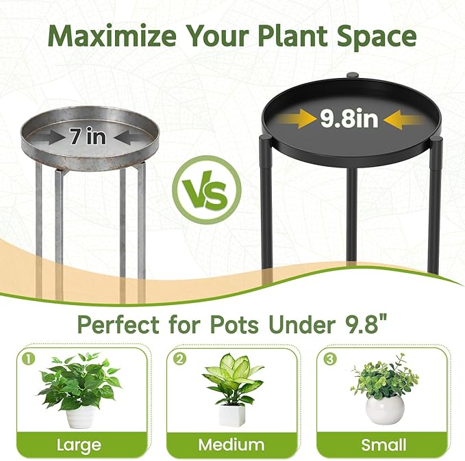 LASZOLA 2 Tier Plant Stand Indoor with Large Metal Tray, Corner Round Flower Holder Rack Tall Outdoor, Morden Planter Display Shelf for Patio Porch Garden Office Living Room, Black