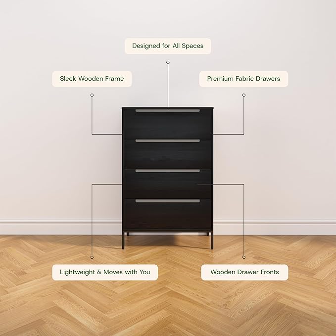 tinge Lira Premium Fabric Dresser - Solid Wooden Frame, 4 Spacious Sag-Proof Drawers with Sleek Metal Handles - Sleek & Durable Storage Solution for Your Home (Black)