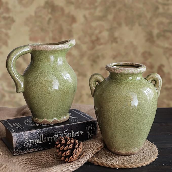 8 Inch Vintage Pitcher Vase, Rustic Green Ceramic Vases Flower Vase Farmhouse Decorative Pitchers for Home Decor, Terracotta Vases for Home Table Centerpiece Living Room Chinoiserie Decor