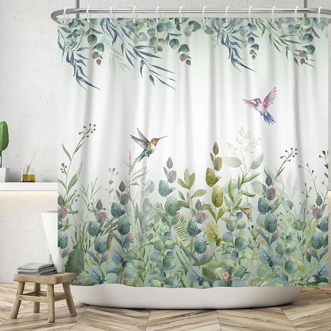Green Leaf Shower Curtain Colourful Bird Eucalyptus Bathroom Curtain Plant Leaves Botanical Hummingbird Spring Summer Shower Curtain Sets for Bathroom Extra Long 72x78 in with 12 Hooks