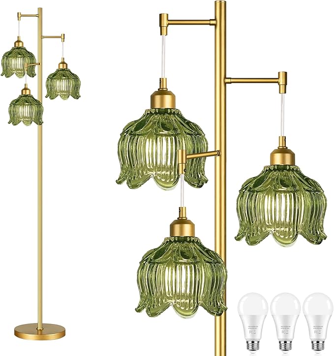 ILLMTW Glass Floor Lamp for Living Room,Bedroom,Gold Mid Century Modern Standing Lamp Brass Tree 3 Light Tall Floor Lamps Vintage Retro Floor Lights Green Flower Lamp Shade Farmhouse Boho Bohemian