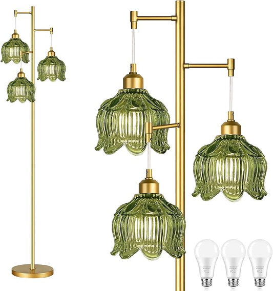 ILLMTW Glass Floor Lamp for Living Room,Bedroom,Gold Mid Century Modern Standing Lamp Brass Tree 3 Light Tall Floor Lamps Vintage Retro Floor Lights Green Flower Lamp Shade Farmhouse Boho Bohemian