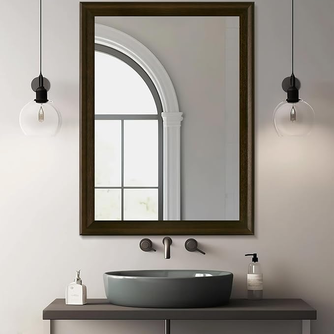 CULER Rustic Wood Wall Mirror for Bathroom,Rectangle Large 30 x 40 inch Hanging Vanity Black Mirrors with Wooden Frame for Living Room,Bedroom,Entryway(Dark Walnut)
