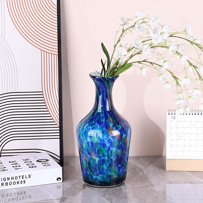 Hand Blown Glass Vase Teal Mosaic (Blue Green Splash) – Murano Inspired Art Glass Vase with Wide Mouth for Flowers, Bubble Vase, Coastal Centerpiece for Dining Room or Living Room (Blue)