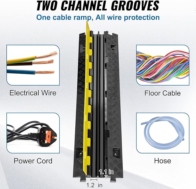 VEVOR 5 PCs TPU Cable Protector Ramp - Heavy Duty 2-Channel Speed Bumps for Road, Odor-Free Eco-Friendly TPU with TPR Cover, for Driveway, Hose, Floor Cord Cover, 22,000 lbs/Axle Capacity