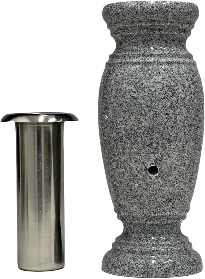 Memorial Cemetery Flower Vase - Real Granite (Grey Granite), with Stainless Steel Inner, Grave Marker, Decorations for Gravesite, Headstone Flowers Holder, Garden Lawn & Yard (4.5x4.5x10)