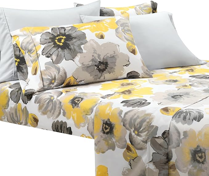 Lush Decor Leah Soft Floral Sheet Set, 6 Piece Set, King, Yellow & Gray- King Size Sheet Set - Printed Bedding - Watercolor Florals - Farmhouse Décor