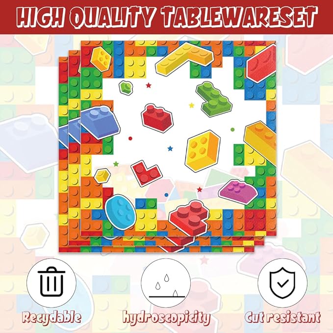 40Pcs Building Block Birthday Decorations Baby Shower Block Plates and Napkins Party Supplies Building Block Party Decorations