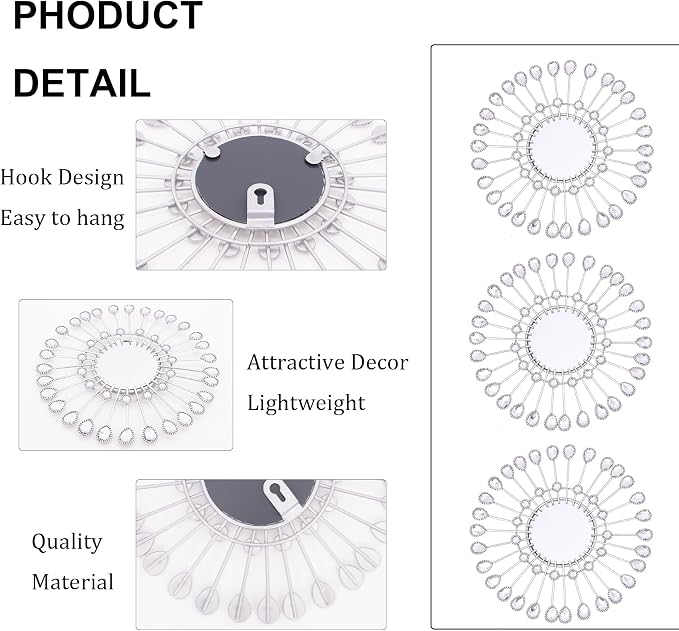 Silver Mirrors 3 PCE, 9 inchSunburst Mirror Hanging Wall Decor, Valentine Decorative Mirror Wall Art, Round Mirrors for Bedroom Living Room Bathroom Kitchen, Warming Valentine Gifts