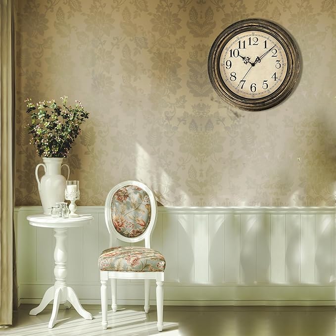 Plumeet Retro Wall Clock, 12'' Non Ticking Classic Silent Vintage Wall Clocks Decorative Kitchen Living Room Bedroom - Battery Operated