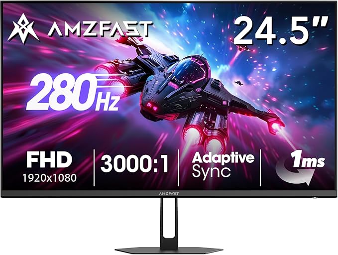 Amzfast 24.5 Inch FHD 280Hz/240Hz Gaming Monitor, 1ms Adaptive Sync, 3000:1, 10 Bit, 126% sRGB, 2*HDMI 2.0 & 2* DP1.4, TÜV Rheinland Eye Care,2 Year Warranty Exchange (HDMI & DP Dual Cable)