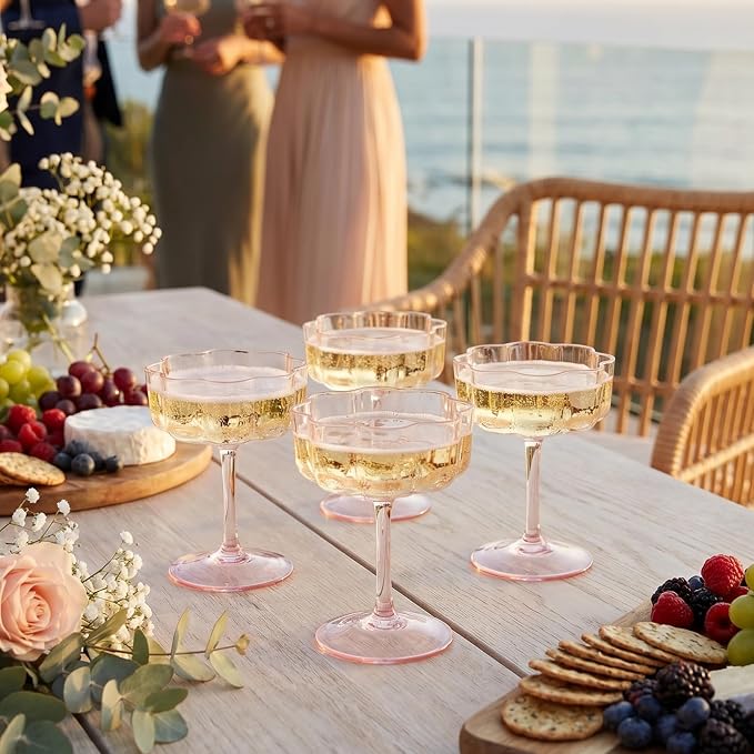 Flower Scalloped Vintage Wavy Petals Wave Glass Coupes 7oz Colorful Martini, Champagne & Cocktails, 4 Set Pink Rippled Champagne Glasses, Elegant Bar Glassware, Unique Aesthetic Coupe Glassware Gifts