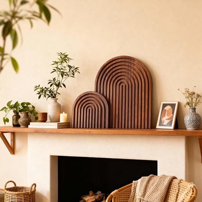 2 Pcs Dark Brown Wood Arch Decor, Boho Shelf & Serving Board for Fireplace Mantel, Kitchen Counter - Vintage Espresso Finish, Mid Century Modern Farmhouse Accents for Living Room, Home Office