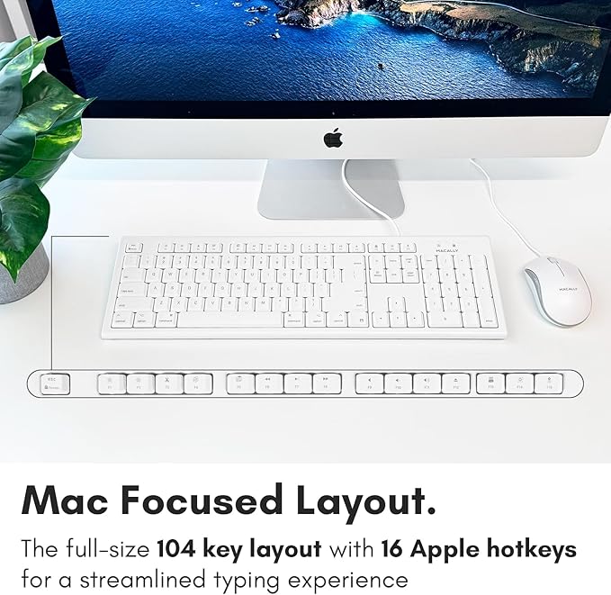 Macally Full Size USB Wired Mac Keyboard and Mouse Combo - Compatible Ergonomic Apple Keyboard and Mouse with Shortcuts and Number Keypad for Mac mini Pro, iMac Computer, MacBook Pro Air Laptops