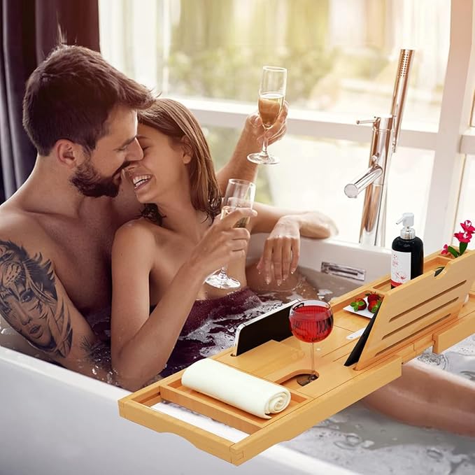 Premium Bathtub Tray Caddy - Bath Tray Bamboo Expandable - Bath Tub Tray Table for Bathtub - Expandable Size, Fits Most Bath Tubs - Natural Bamboo Wood