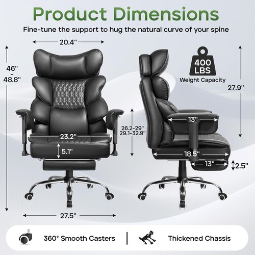 Regine Switzerland Ergonomic Office Chair - Big & Tall Design with Footrest & Lumbar Support | Comfy 155° Recliner