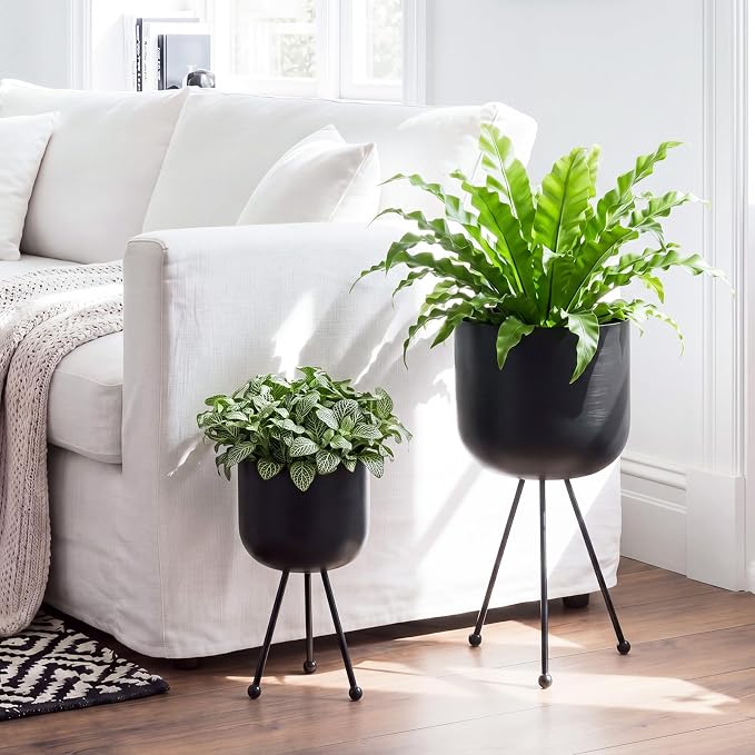 Frienda 2 Pack Mid Century Modern Decor Mid Century Modern Planter Metal Flowerpot with Stands Stylish Floor-Standing Flowerpot for Boho Home Office Indoor Outdoor Decor 20", 18" h (Black)