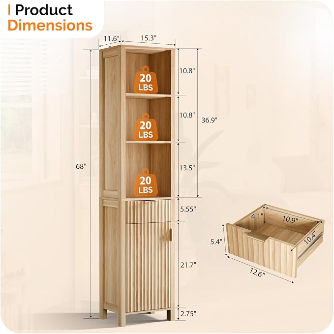 VINGLI Narrow Fluted Bathroom Floor Skinny Storage Cabinet with 1 Fluted Door&Drawer,68" Tall Narrow12 Inch Deep Slim Bathroom Storage Cabinet for Small Space w/3 Adjustable Shelves,Natural Oak Color